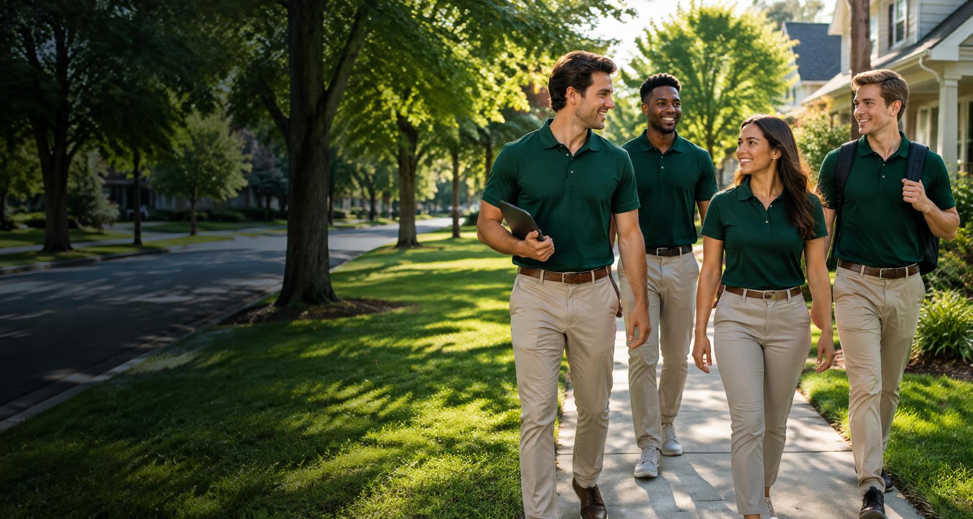 Illustrative photo of sales representatives walking together through a suburban neighborhood